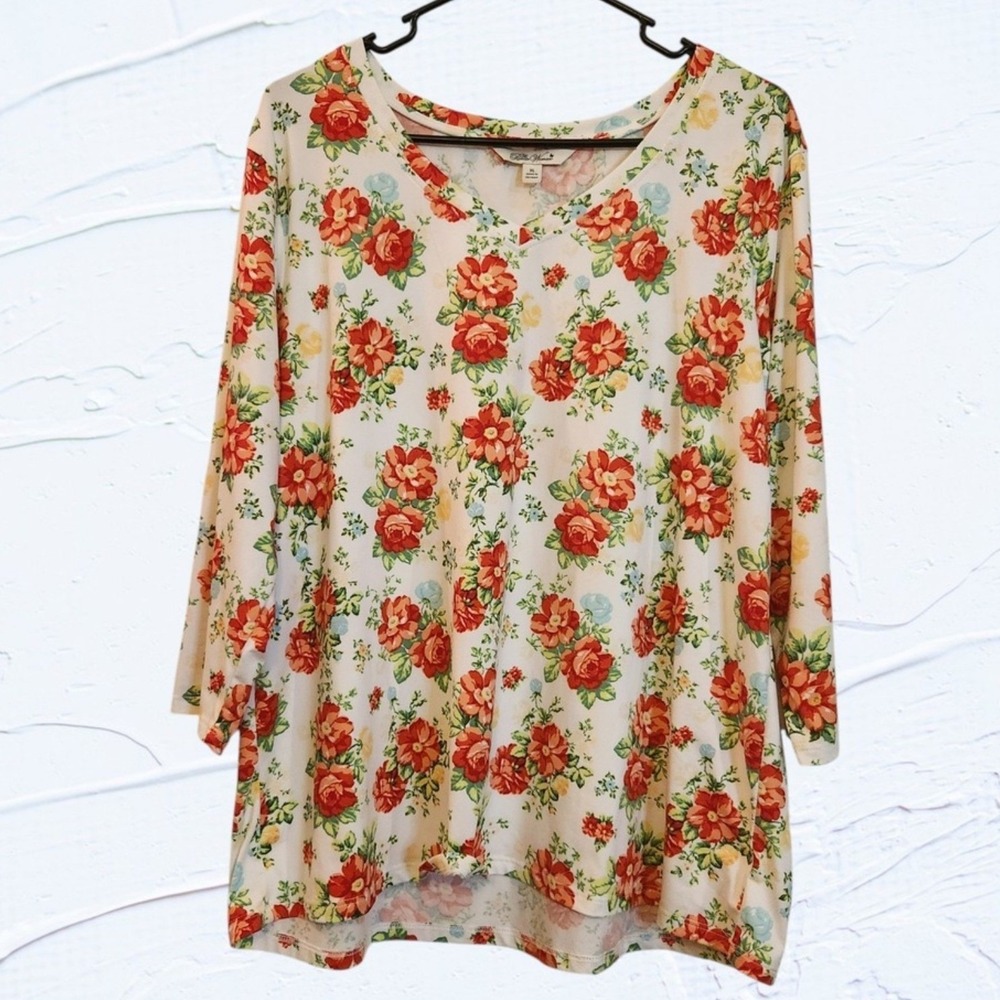 The Pioneer Woman Floral Rose Print V Neck‎ 3/4 Sleeve Tunic Top XL